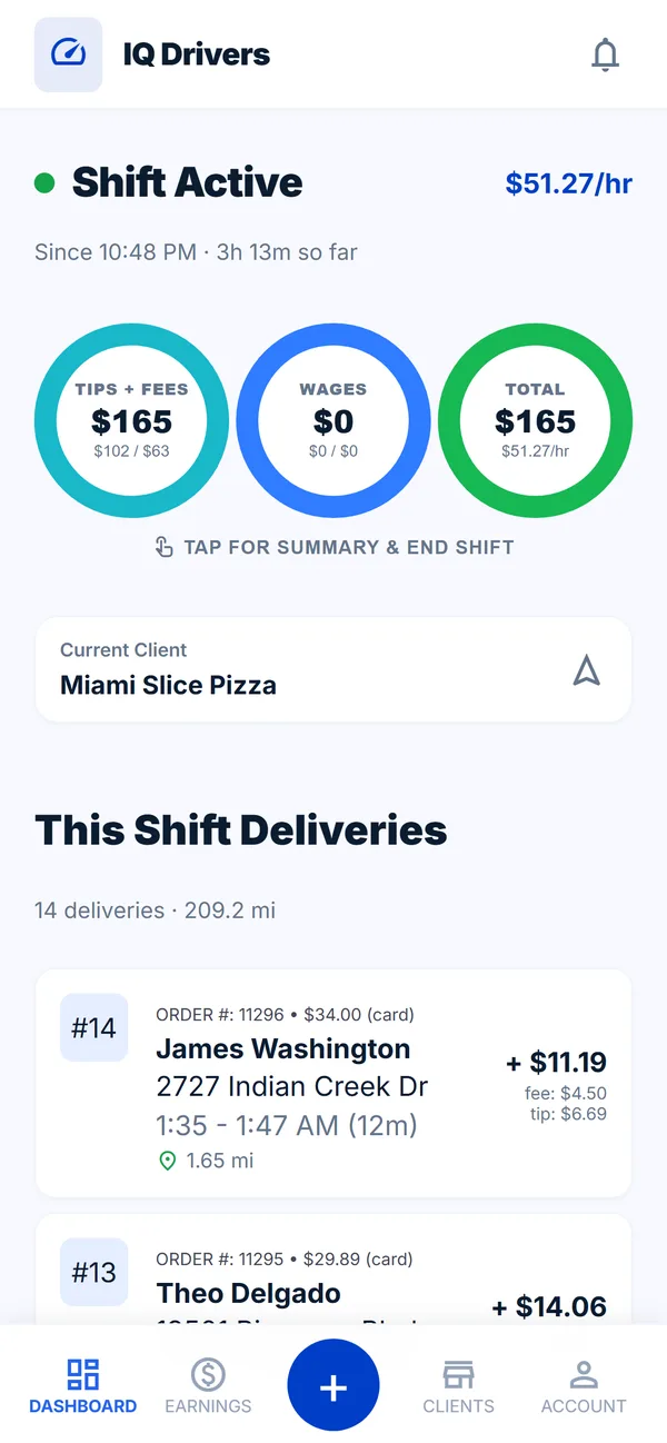 The IQ Drivers active-shift screen: live pay pace, tips and fees, and the delivery list